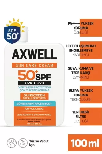 Axwell SPF 50+ Leke Karşıtı Nemlendirici Yüksek Koruma Güneş Kremi 100 ML