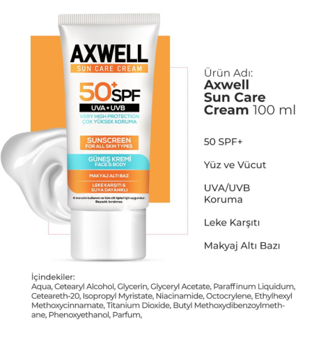 Axwell SPF 50+ Leke Karşıtı Nemlendirici Yüksek Koruma Güneş Kremi 100 ML Tüp