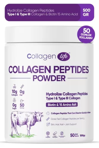 CollagenLife %100 Hidrolize Kolajen Peptitler Biotin Ve 15 Amino Asit İçeren Gıda Takviyesi 50 Günlük