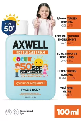 Axwell Kids Sun Care Cream Çocuk Güneş Kremi Çok Yüksek Koruma + Vitamin E SPF 50+ 100 ml